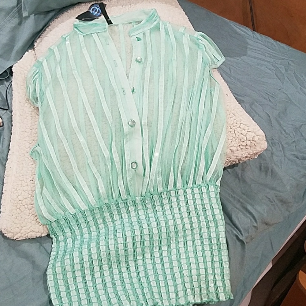 Mint colored see thru striped blouse w sequin hint